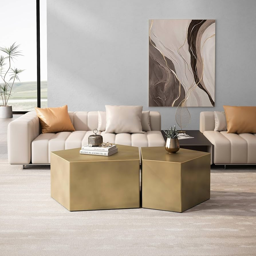 Nesting Coffee Table Set of 2, Geometric Coffee Table Set, Irregular Pentagon Side Table Set, Coc... | Amazon (US)