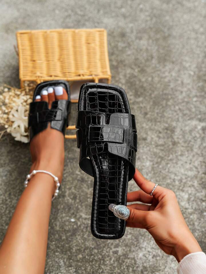 Women Crocodile Embossed Cut Out Flat Sandals, Elegant Black Slide Sandals | SHEIN
