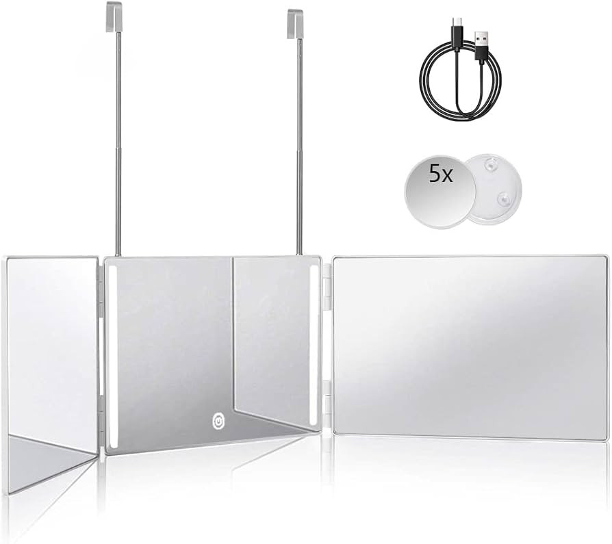 HIEEY 3 Way Mirror for Hair Cutting with LED,360 Trifold Mirror with Height Adjustable Telescopin... | Amazon (US)