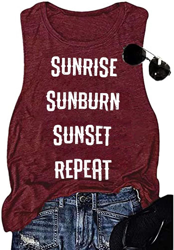 Beopjesk Womens Sunrise Sunburn Sunset Repeat Tank Tops Summer May Contain Alcohol Tanks Shirt | Amazon (US)