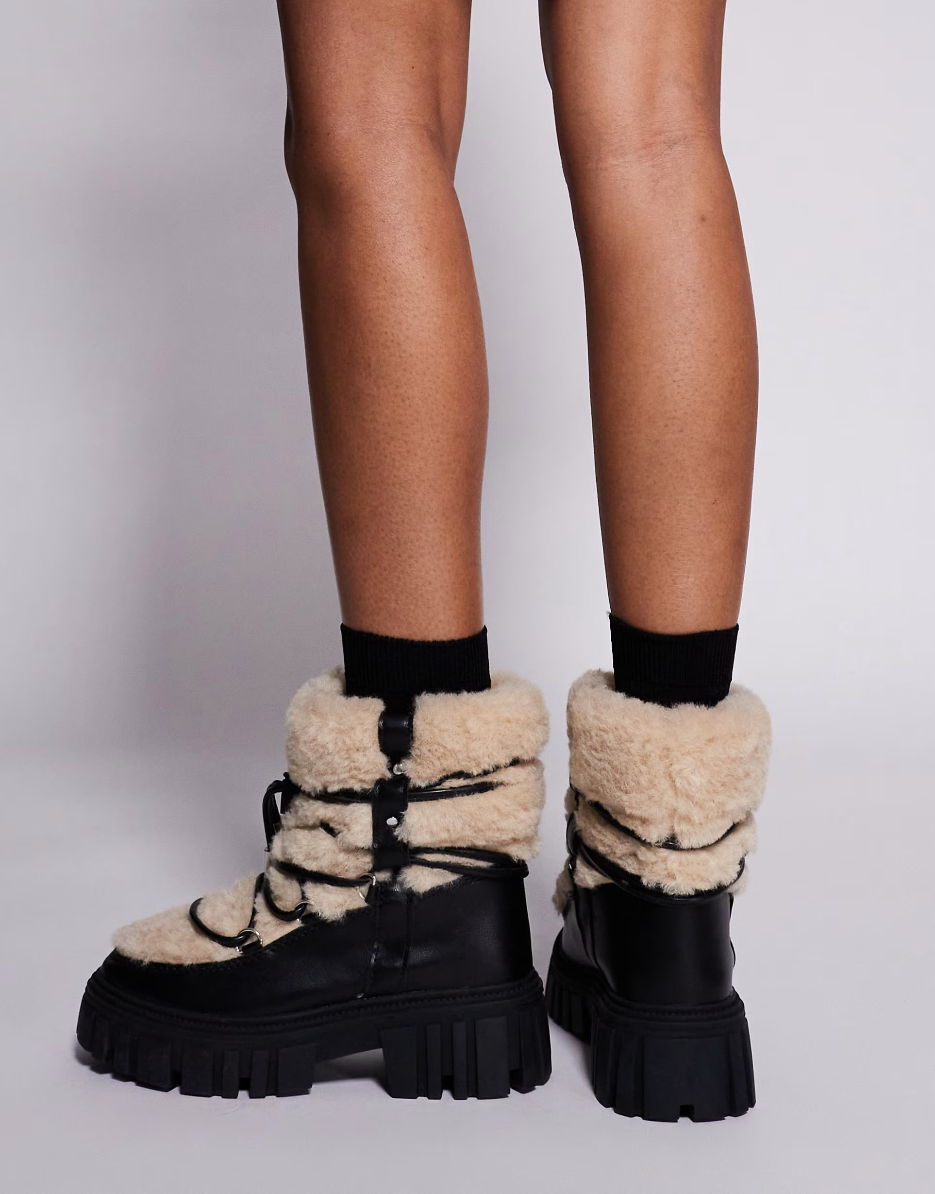 South Beach faux fur lace up snow boots in black and beige | ASOS (Global)