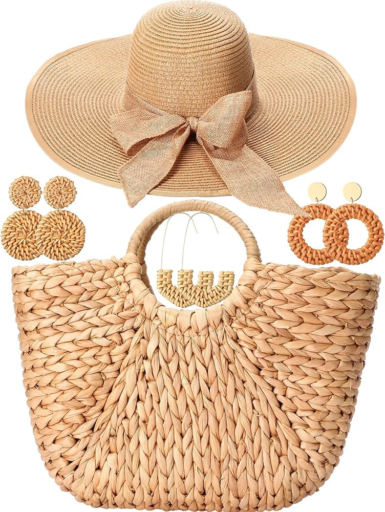 5 Pcs Women Straw Bag and Hat Set, Large Straw Beach Bag, Floppy Sun Hats Packable Rattan Earring... | Amazon (US)