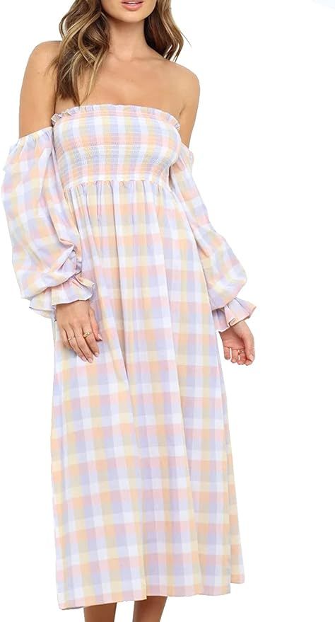 R.Vivimos Summer Dress for Women Long Sleeve Casual Plaid Print Smocked Off Shoulder A-Line Midi ... | Amazon (US)