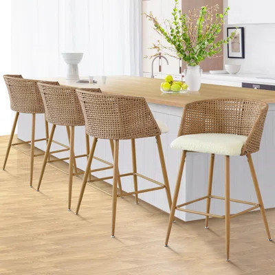 Bhagirath Rattan 27" Upholstered Boucle Full Back Arm Counter Stool (Set of 4) | Wayfair North America