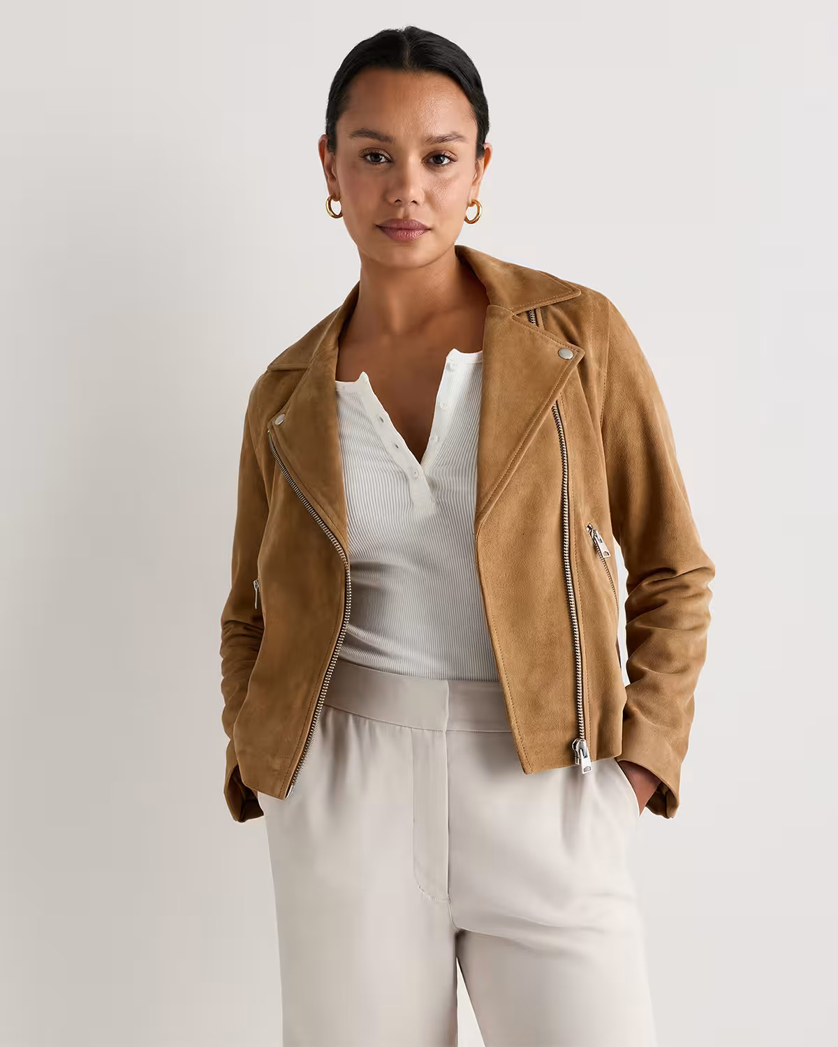 100% Suede Motorcycle Jacket in Pecan Brown | Quince