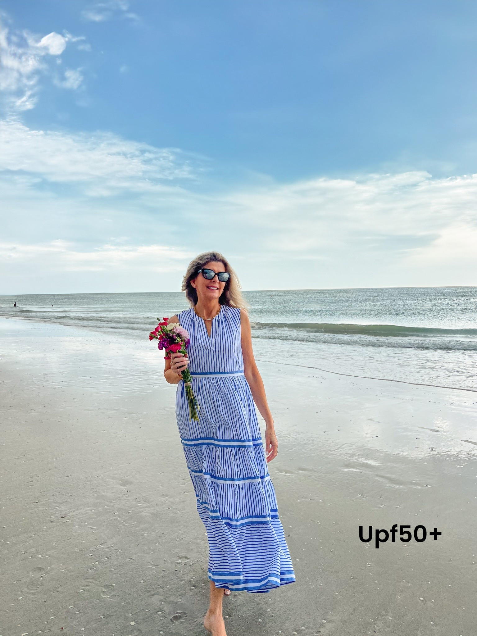 Blue & white stripe maxi dress with Upf50+ sun protection! Cabana Life style & sun safe. Tiered skirt, ankle length. Perfect resort wear, traveling, beach vacation, dinner. #cabanalife #upfclothing 

#LTKSaleAlert #LTKSummerEdit #LTKTravel