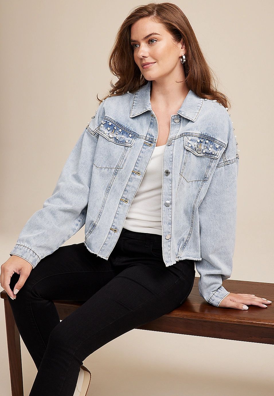 Embroidered Pearl Studded Denim Jacket | Maurices
