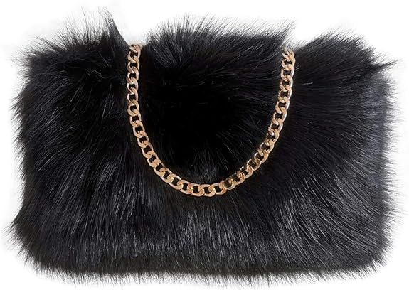 FHQHTH Faux Fox Fur Purse Fuzzy Handbags for Women Evening Handbags Al alloy Shoulder Strap [Blac... | Amazon (US)