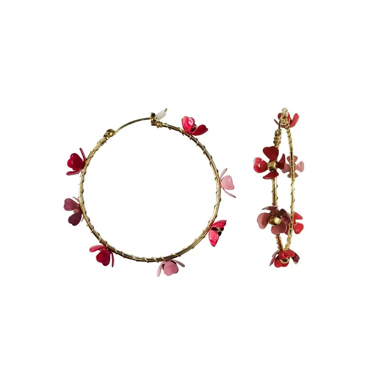 Time and Tru Rubber Flower Hoops Gold and Pink Fashion Earrings | Walmart (US)