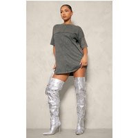 Silver Pu Point Toe Buckled Over The Knee Heeled Boots | PrettyLittleThing US