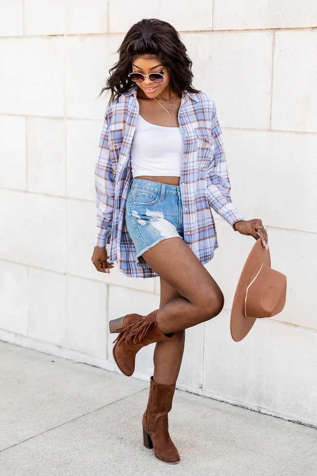 Dreaming Again Blue/Brown Plaid Blouse FINAL SALE | Pink Lily