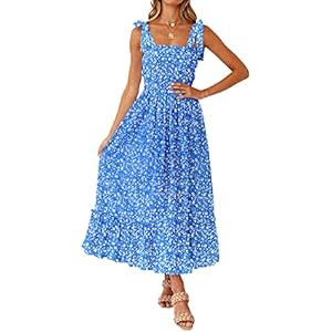 Tobrief Women's Boho Dress Summer Spaghetti Strap Square Neck Flowy Ruffle Beach Long Maxi Dress | Amazon (US)