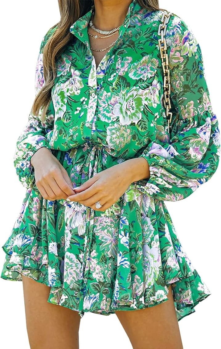 Clarisbelle Women's Long Sleeve Button up Tie Waist Floral Chiffon Dress | Amazon (US)