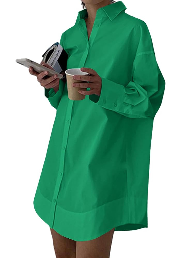 LYANER Women's Casual Shirt Dress Collar V Neck Button Down Loose Long Sleeve Mini Dresses | Amazon (US)