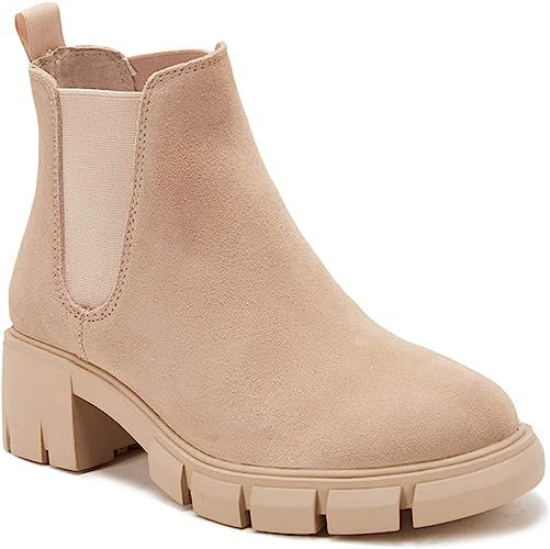 Womens Lug Sole Platform Ankle Booties Chelsea Slip on Chunky Block Heel Leather Combat Boots | Amazon (US)