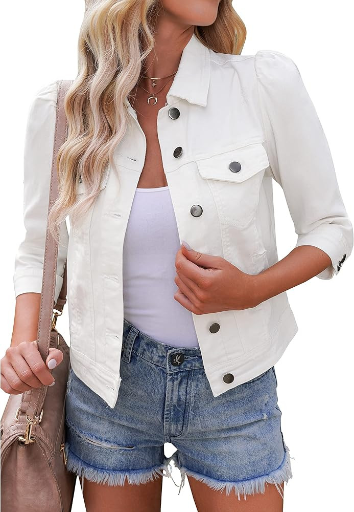 Vetinee Womens Jean Jacket Cropped Denim Jackets Stretchy 3/4 Puff Sleeve Distressed Shacket with... | Amazon (US)