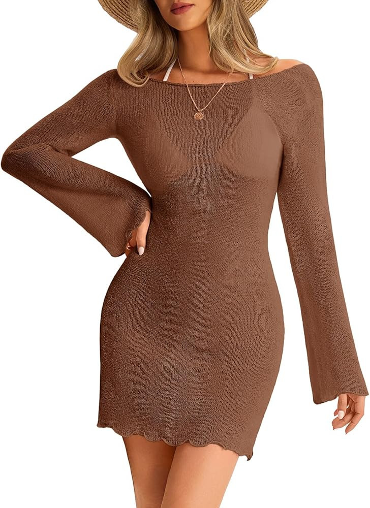 Saodimallsu Womens Swimsuit Cover Up Long Sleeve Sheer Mesh Knit Mini Dress Backless Tie Summer B... | Amazon (US)