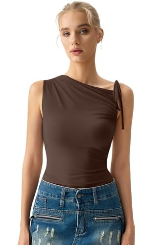 QINSEN Women's Sleeveless Tank Tops High Neck Double Lined Summer Crop Going Out Shirts Coffee Bean M | Amazon (US)