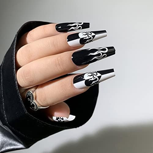 Glossy Ballerina Fake Nails 24 PCS Coffin Long Press on Nails Black and White False Nails with He... | Amazon (CA)