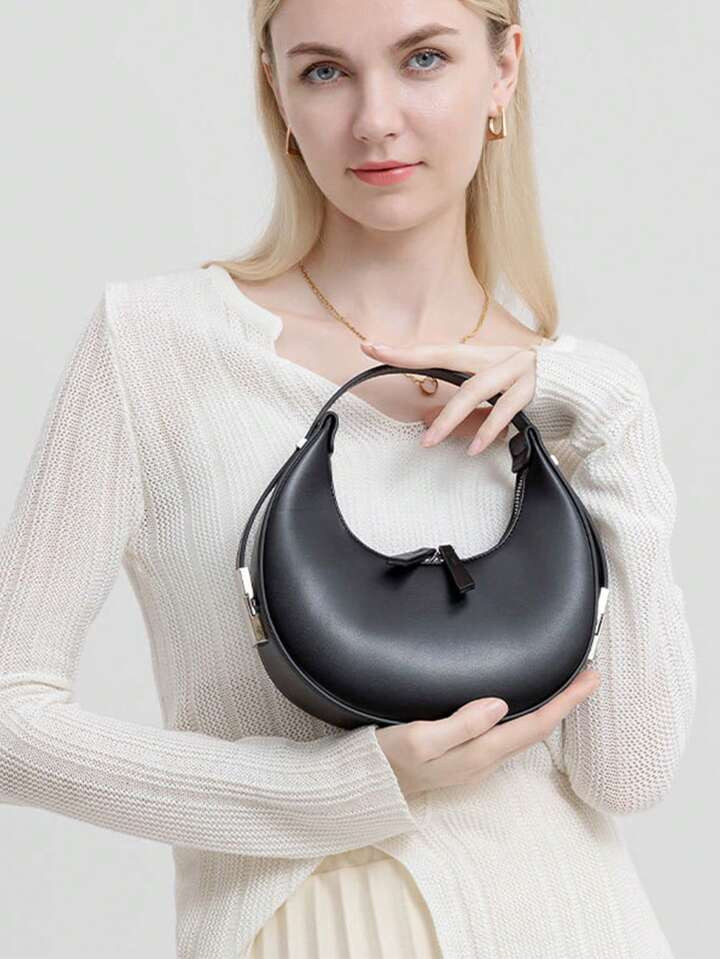 1pc Solid Color Pu Leather Unique Crescent Shape Shoulder Bag, Fashionable And Versatile, With Ad... | SHEIN