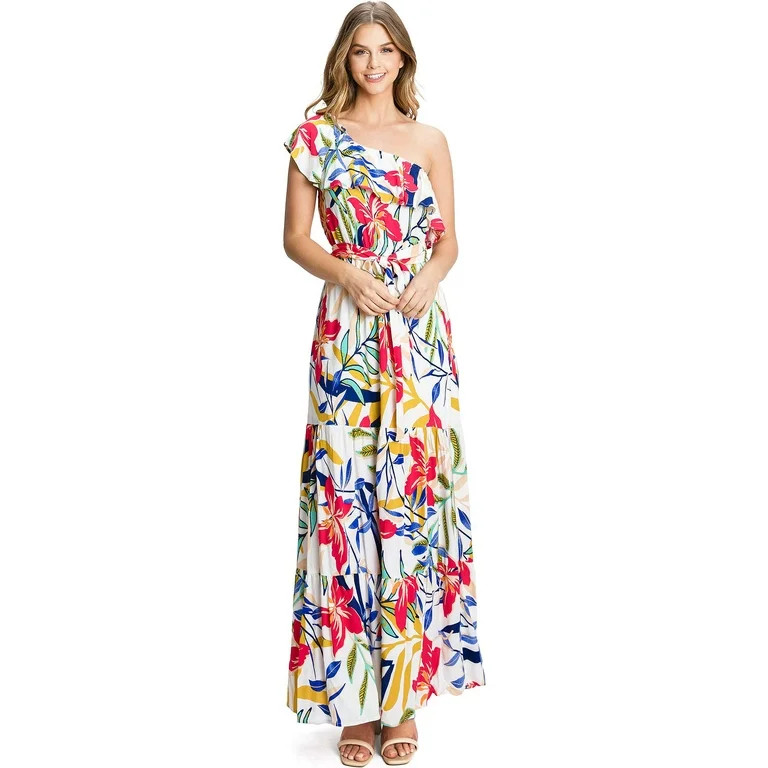 Flying Tomato Women's Bold Print One Shoulder Maxi Dress (M, Ivory) | Walmart (US)