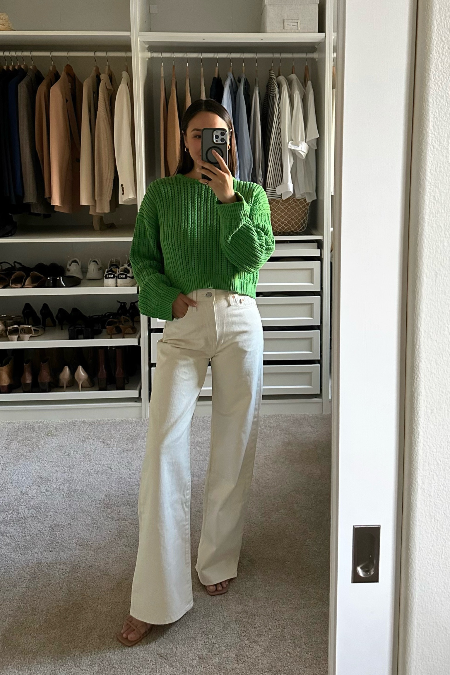 Spring outfit styling white wide leg jeans 

• ribcage wide leg jeans from Levi’s - I borrowed this from my sister who is a size 27x32, but my true size would be a 25x30 
• green sweater - sold out 
• strappy heels - linked to similar style 

#LTKSeasonal #LTKstyletip