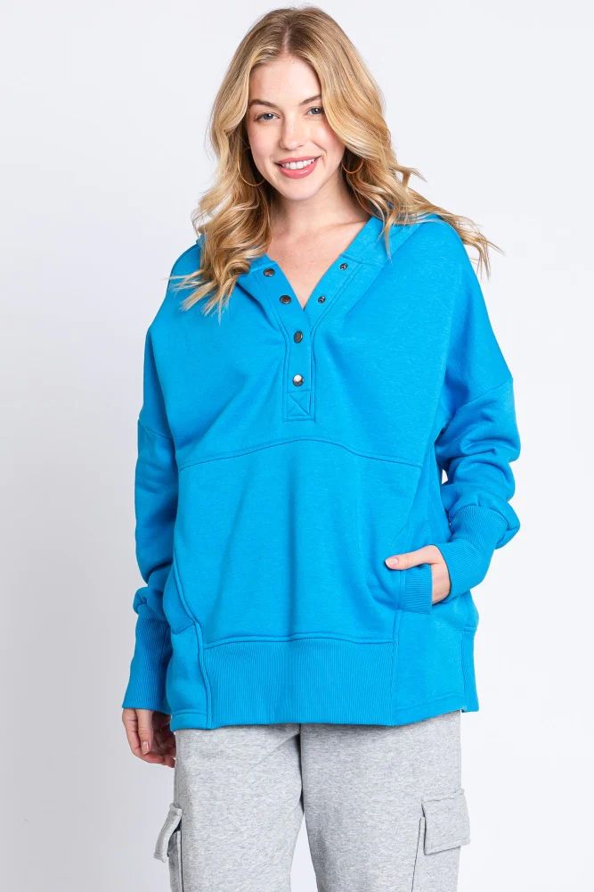 Blue Hooded Button Pullover Sweater | PinkBlush Maternity