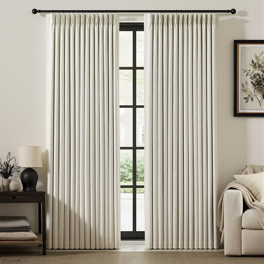 IVAPUPU Natural Pinch Pleated 100% Blackout Linen Curtains 90 Inch Length for Bedroom, Black Out ... | Amazon (US)