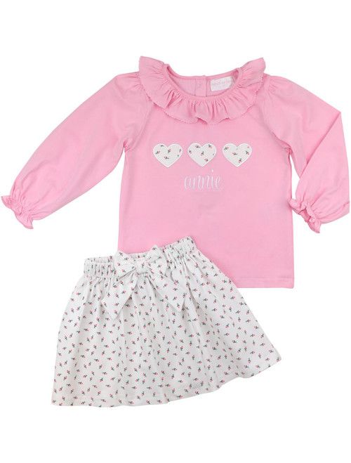 Pink Rosebud Applique Heart Skirt Set | Cecil and Lou