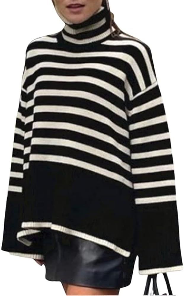 Women Striped Long Sleeve High Turtleneck Sweater Loose Fit Color Block Knitwear Elegant Fall Win... | Amazon (US)