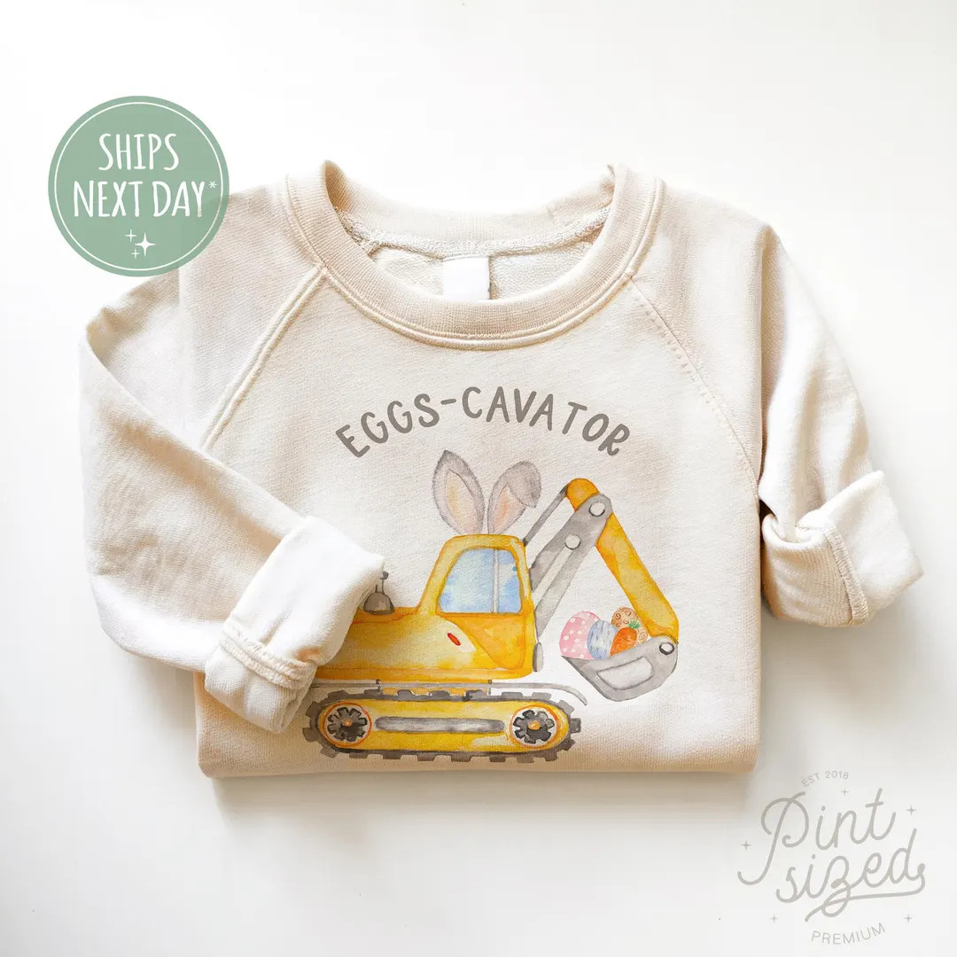 Boys Easter Kids Sweatshirt - Eggs-Cavator Boys Toddler Pullover - Funny Easter Tee - Natural Kid... | Etsy (US)
