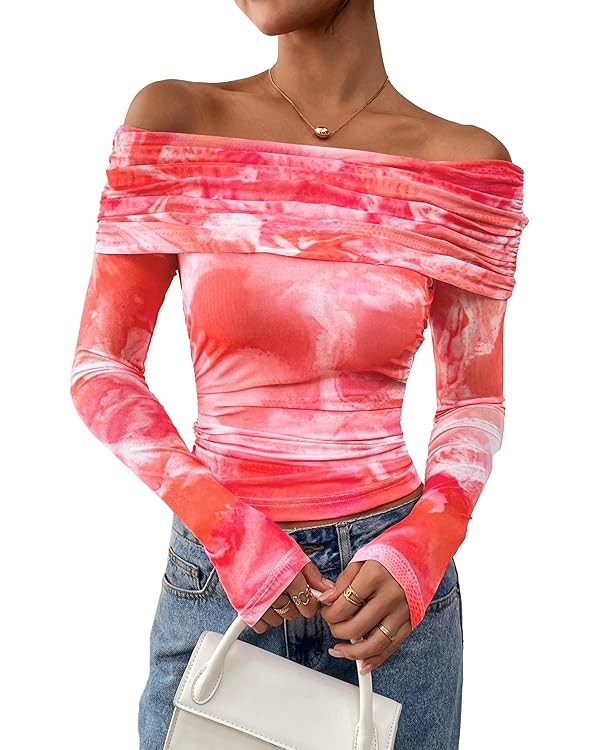 PRETTYGARDEN Women's Fall Tops 2025 Off The Shoulder Long Sleeve Fitted Y2k Shirts Floral Ruched ... | Amazon (US)