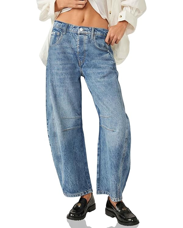 PLNOTME Women's Baggy Boyfriend Jeans Vintage Wide Leg Mid Rise Barrel Denim Ankle Pants | Amazon (US)