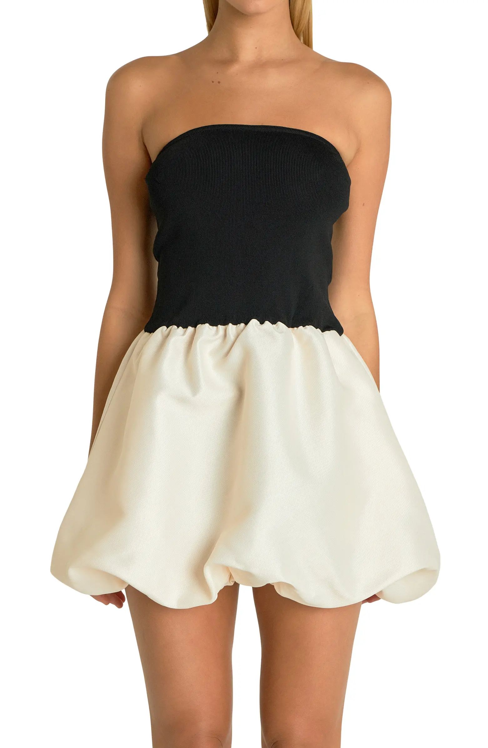 Endless Rose Voluminous Bubble Hem Strapless Mixed Media Minidress | Nordstrom | Nordstrom