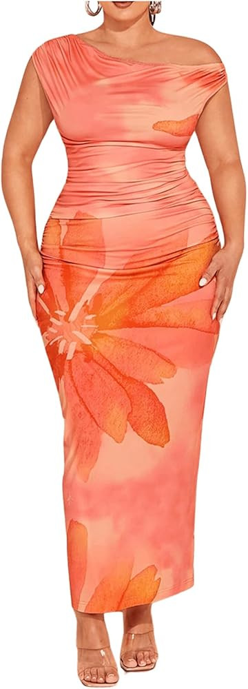 WDIRARA Women's Plus Size Tie Dye Floral Print One Shoulder Sleeveless Ruched Bodycon Maxi Dress | Amazon (US)