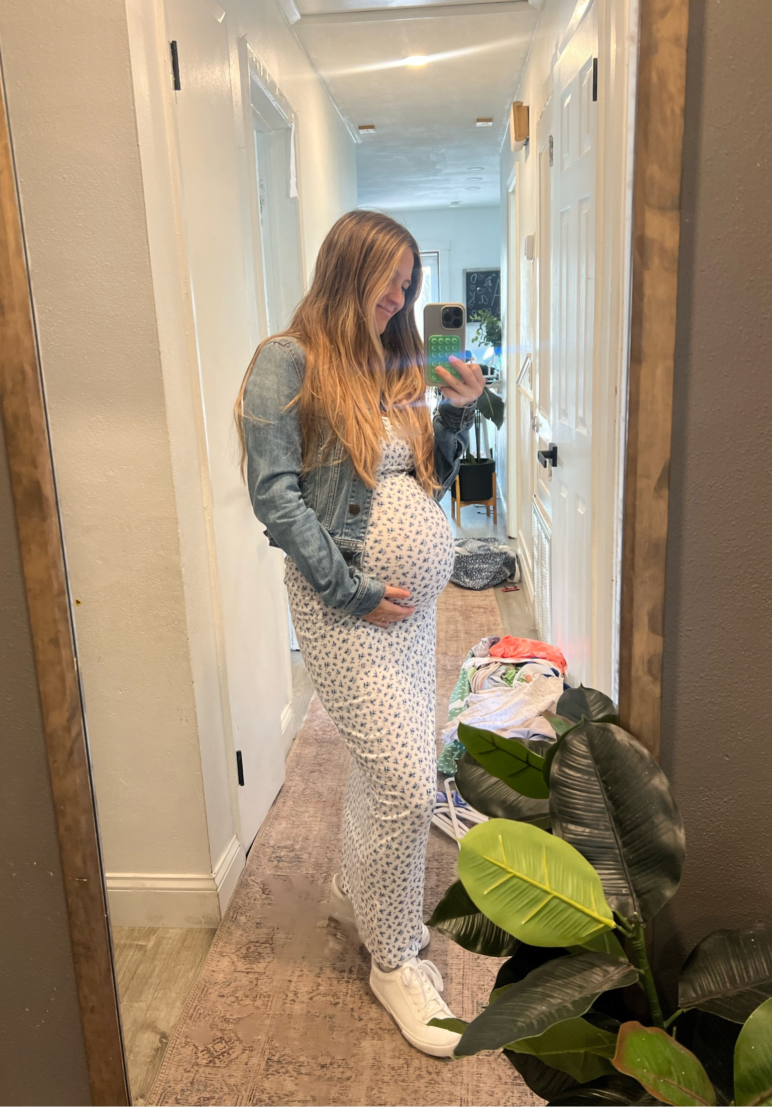 Bump friendly everyday outfit, denim jacket, bump friendly maxi dress, summer dress, summer maxi dress, floral dress, white sneakers, maternity outfits, maternity everyday style, white platform sneakers 

#LTKfindsunder50 #LTKstyletip #LTKbump