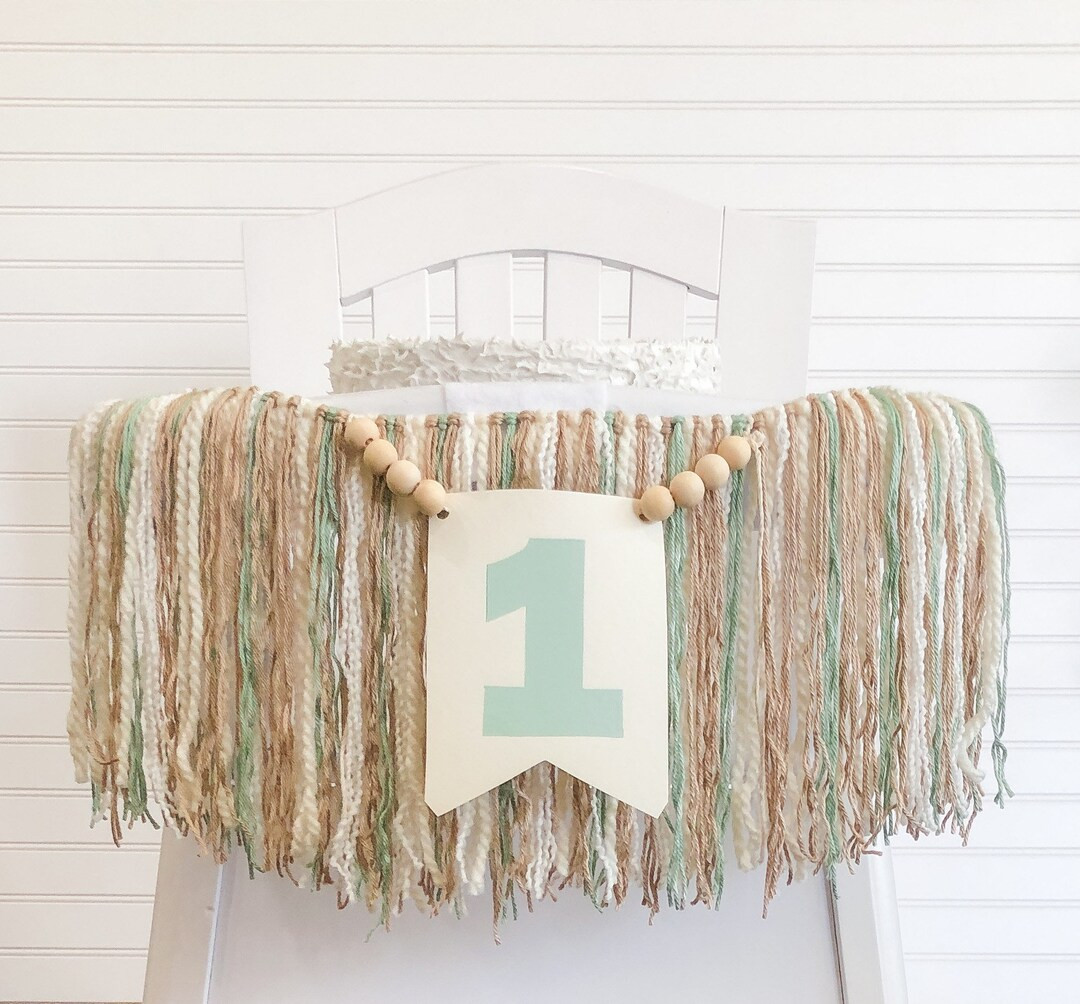 Boho Sage Tan Jungle Safari Forest Birthday High Chair Yarn Tassel Banner, High Chair Banner, Cak... | Etsy (US)