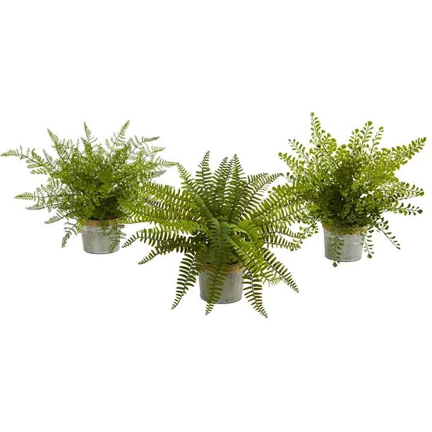 Nearly Natural Plastic 14" Assorted Green Ferns Artificial Plant with Planter, Set of 3 - Walmart... | Walmart (US)