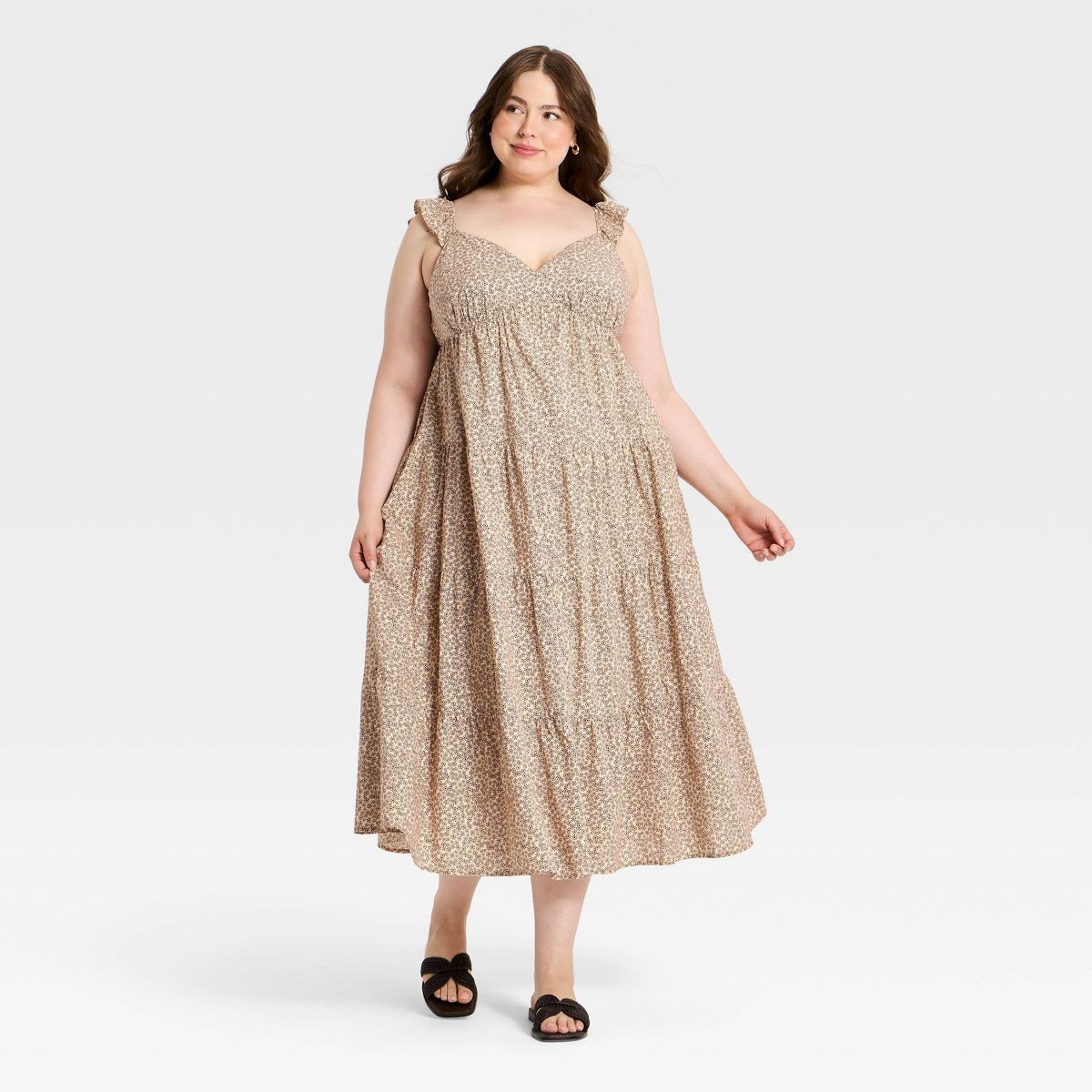 Women's Ruffle Sleeve Floral Print Maxi Sundress - Universal Threads\u2122 Brown 2X | Target