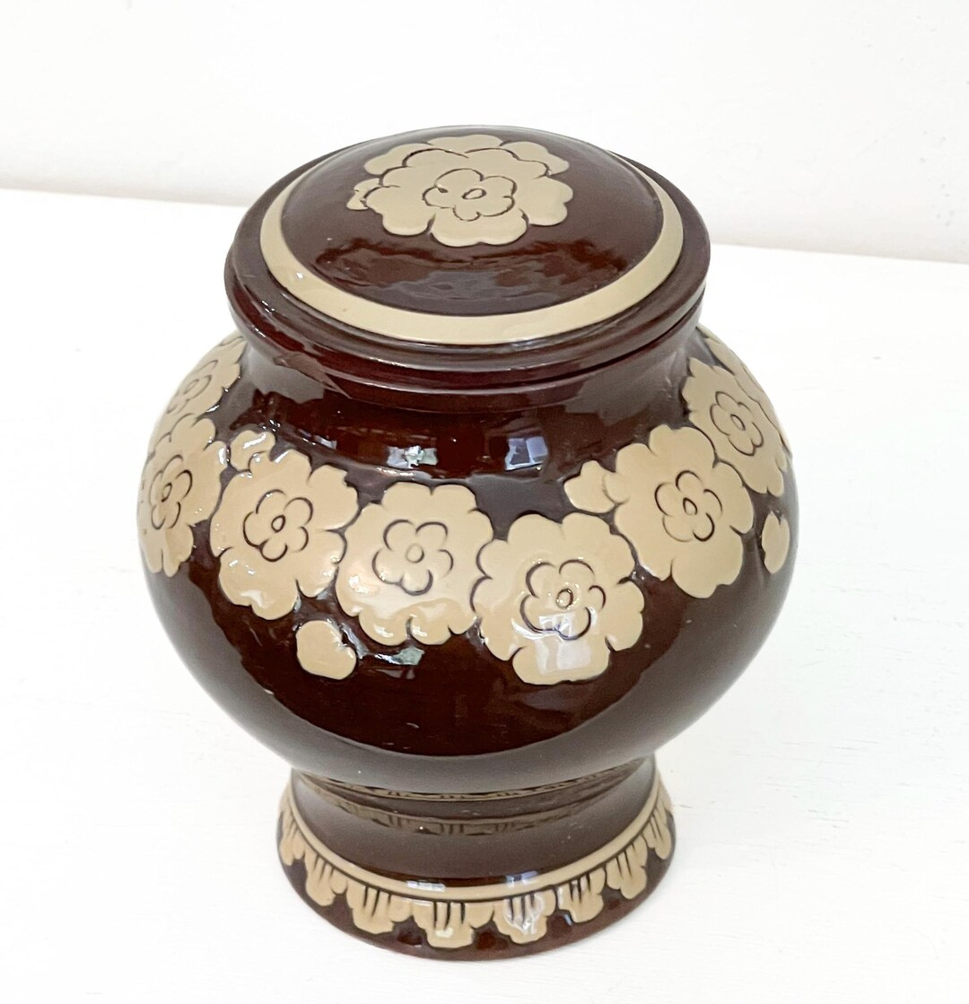 Antique Redware Clay Pottery Handmade 5 Inch Ginger Jar, Urn, Container With Lid. Brown Glaze, Iv... | Etsy (US)