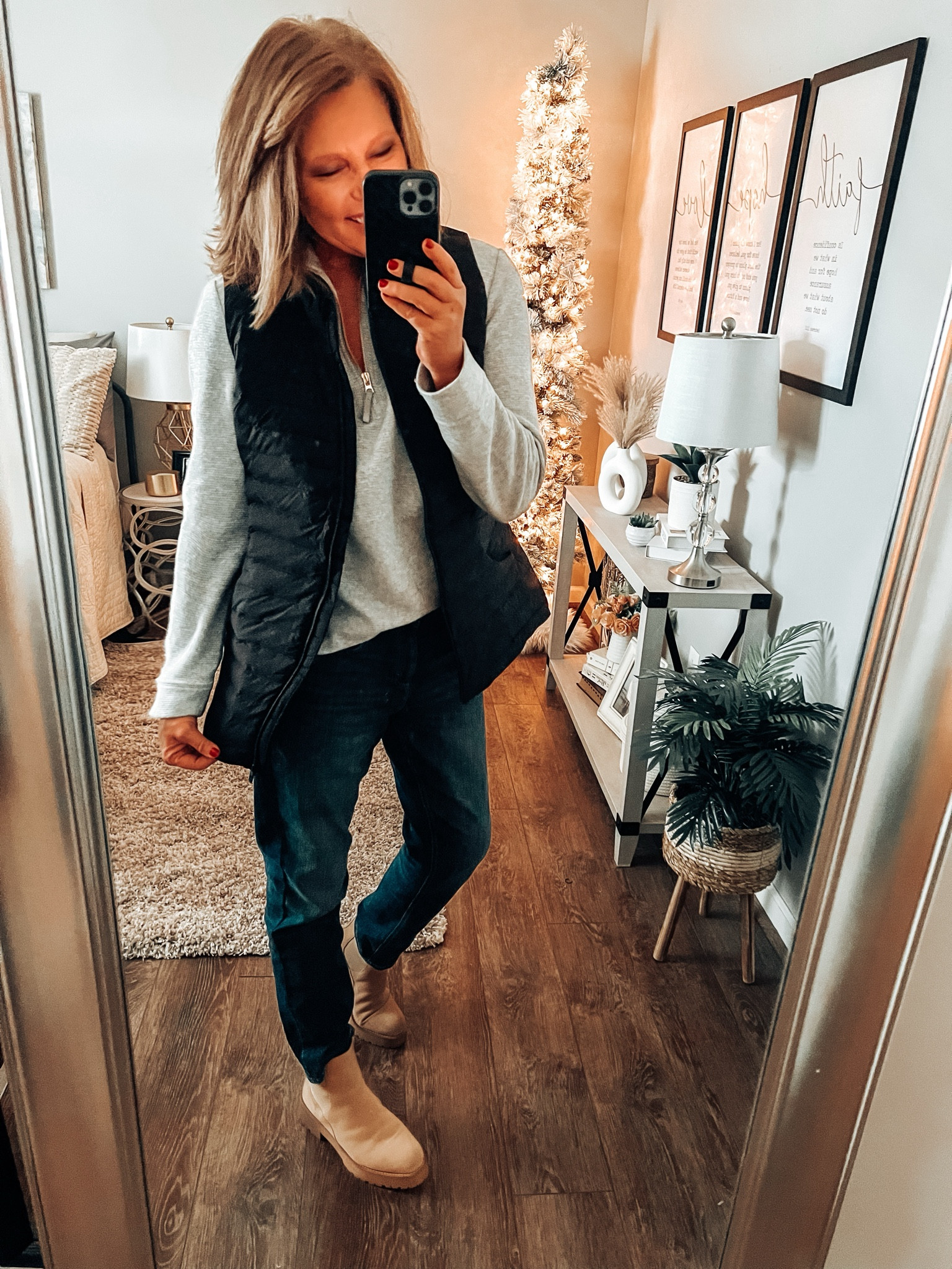 If you’re looking a gift for YOU! Consider the long vest by Lululemon, I love it!! It’s lightweight, covers the back side great! Comes in more colors, and warm!! Styled with girlfriend jeans from Banana Republic Factory, and 1/4 zip pullover from Kohls. Both fit tts, more colors in pullover. 

Holiday outfit, winter outfit, boots, jeans, sweaters, outerwear, casual outfit, Christmas, holiday, every day outfit, fashion over 40

#LTKsalealert #LTKGiftGuide #LTKstyletip