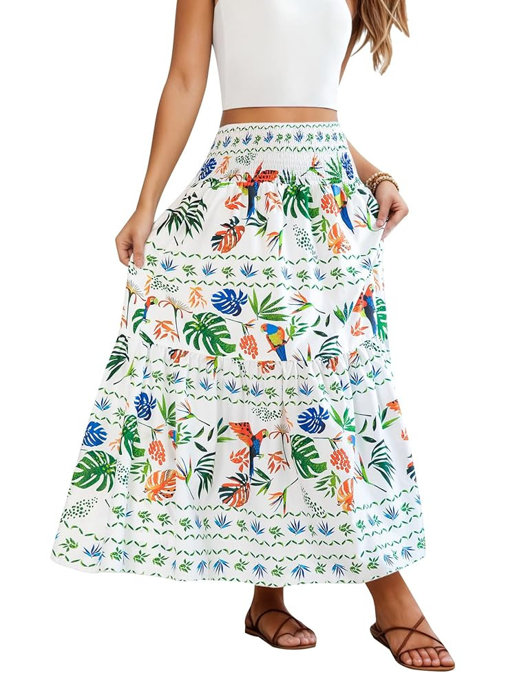 YHYJMY Women's Boho Skirt Elastic High Waist Pleated A-Line Flared Maxi Skirts Womens Flowy Long ... | Amazon (US)