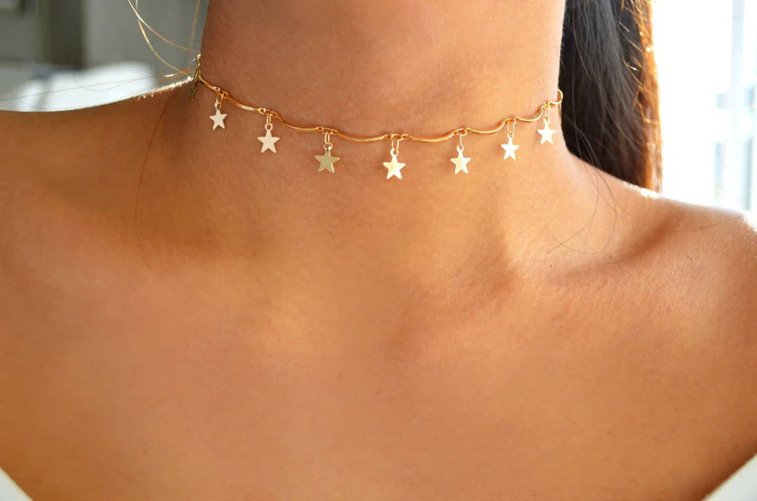 Gold Star Wavey Choker, Dainty Cute Celestial Necklaces, Simple Trendy Repeating Dangling Stars J... | Etsy (US)
