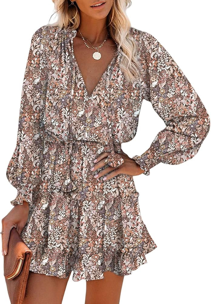 Dokotoo Fall Dresses for 2024 Boho Floral Drawstring V Neck Smocked Long Sleeve Ruffle Tiered Chi... | Amazon (US)