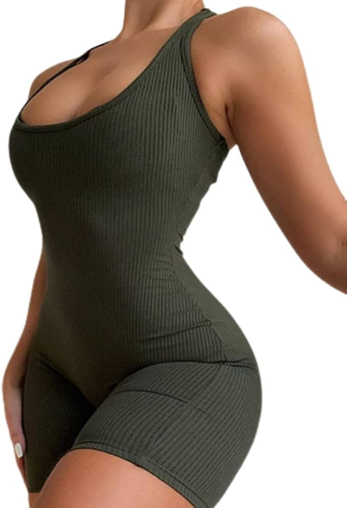Women One Piece Short Bodycon Jumpsuit,Sexy Sleeveless Sports Jumpsuit Zipper Romper Clubwear | Amazon (US)
