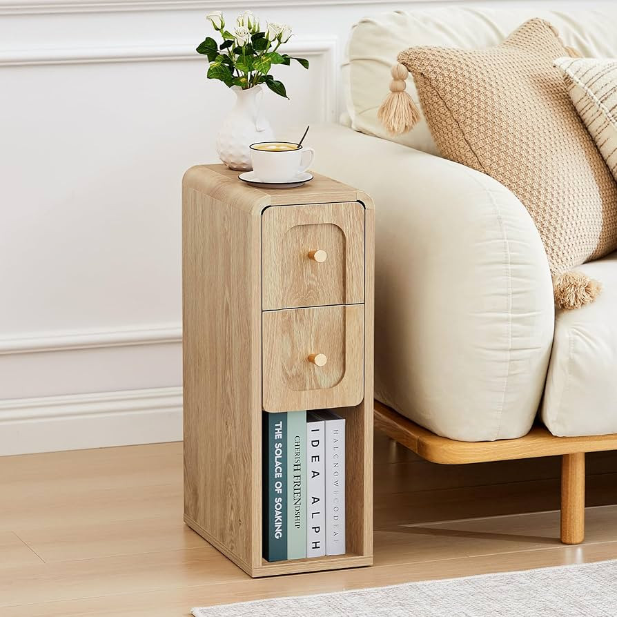 Narrow Nightstand with 2 Drawers, Small Bedside Tables, Mid-Century Modern Slim Night Stand with ... | Amazon (US)