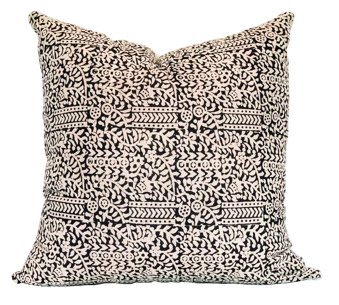 ISLA | Black and Cream Floral Block Print Pillow | Etsy (US)
