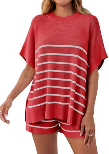 Fisoew Women's Striped 2 Piece Outfits Oversized Batwing Short Sleeve Tops High Waisted Shorts Su... | Amazon (US)