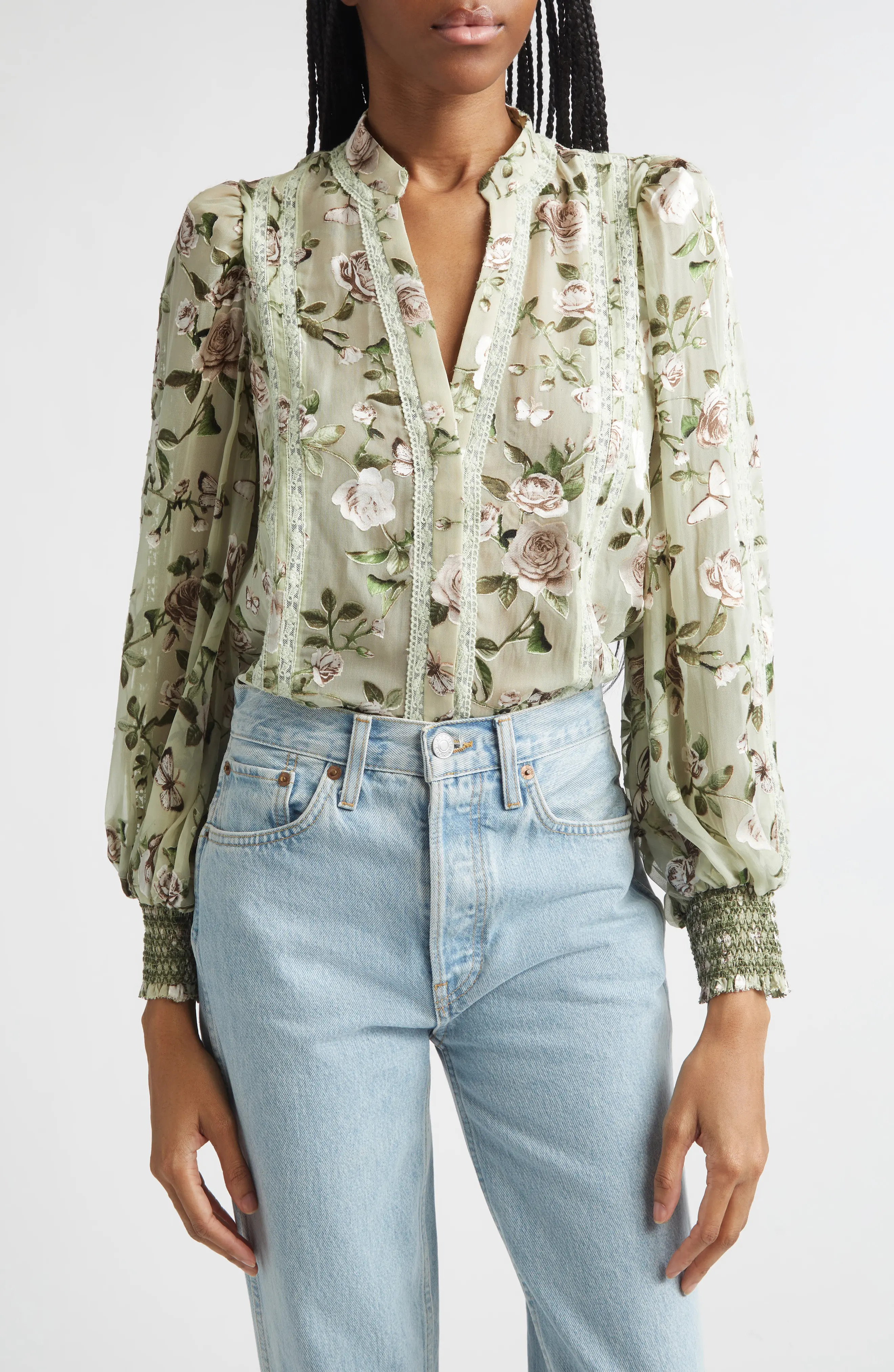 ALICE + OLIVIA Arlette Floral Lace Trim Shirt (Women) | Nordstrom | Nordstrom