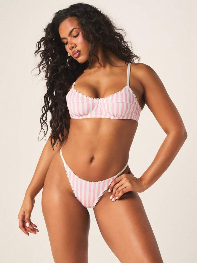 MISSGUIDED Women's Pink White Striped Underwire Bra And Thong Lingerie Set Two Piece Intimate App... | SHEIN